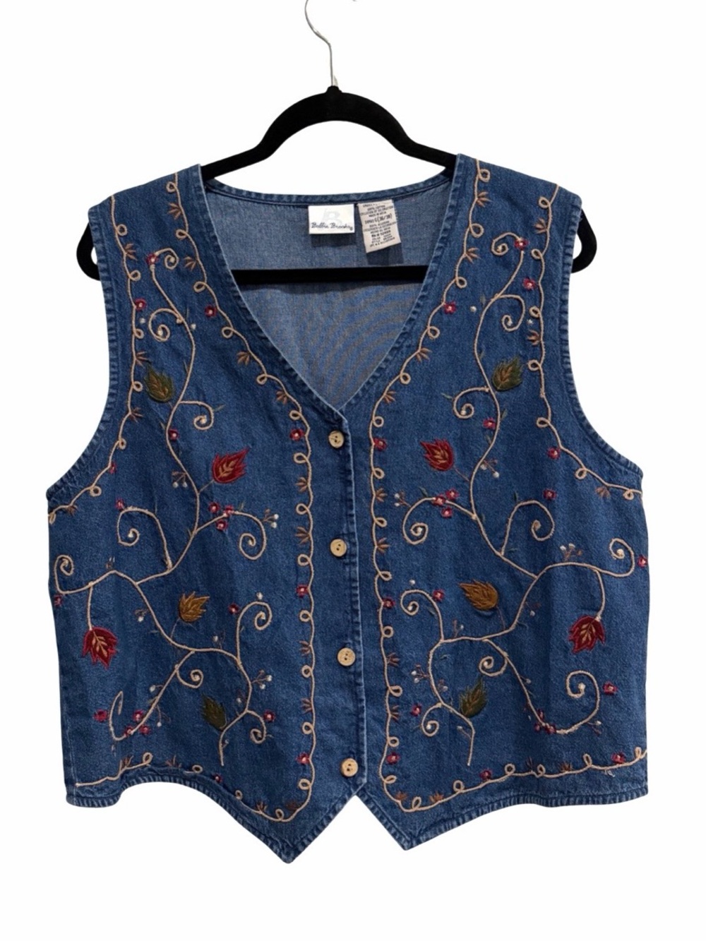 Embroidered Denim Button-Front Vest in Blue